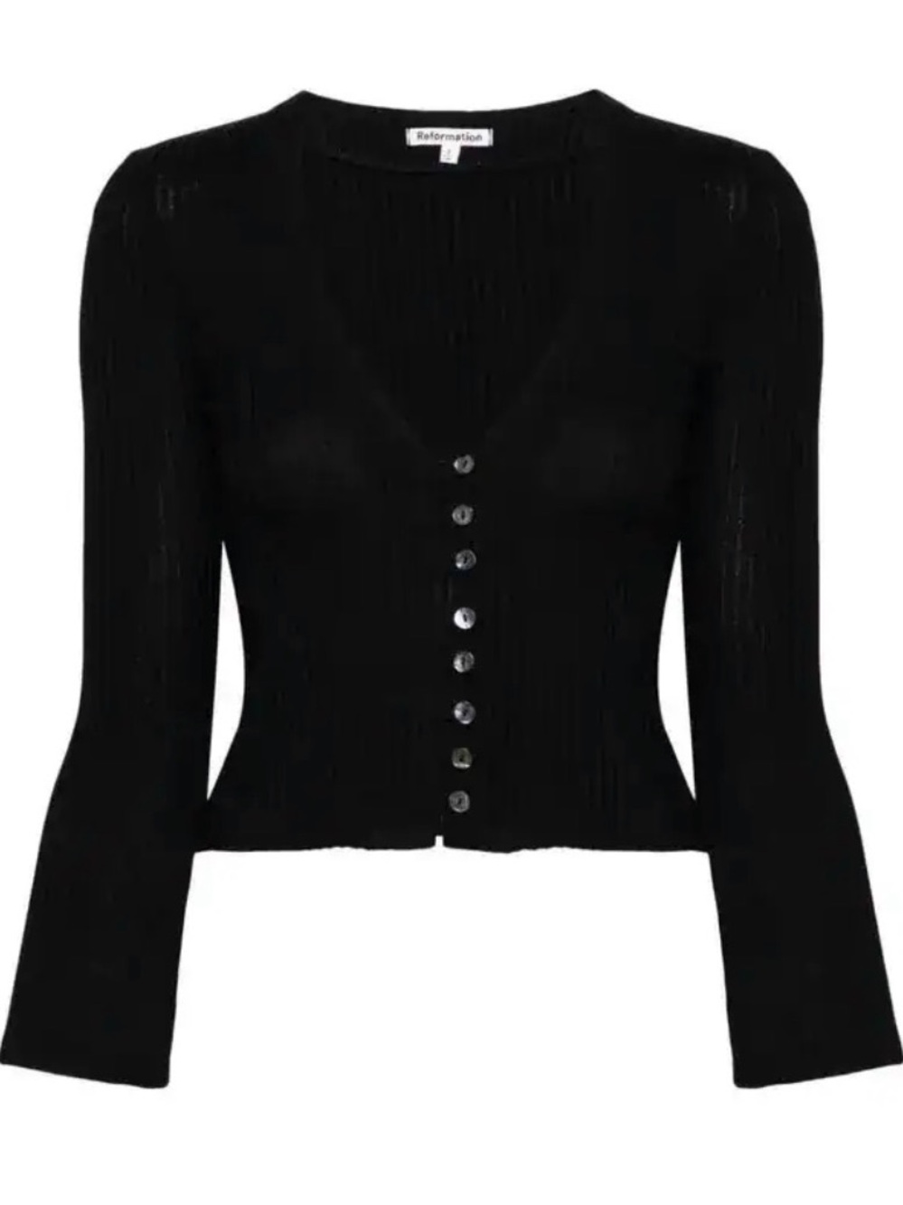 Reformation Black Ribbed V-Neck Button-Front Top